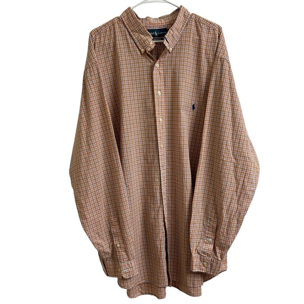 Ralph Lauren Classic Fit Shirt Mens 3XLT Orange Blue Green Plaid Button Down